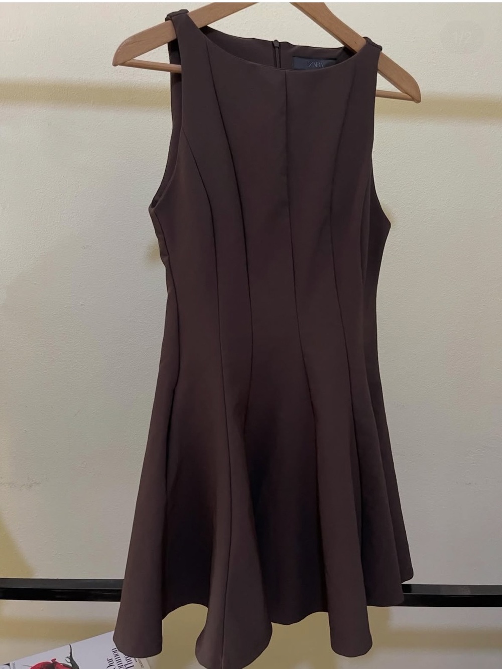 Zara Sleeveless Flared Mini Dress in Dark Brown - Picture 2 of 3